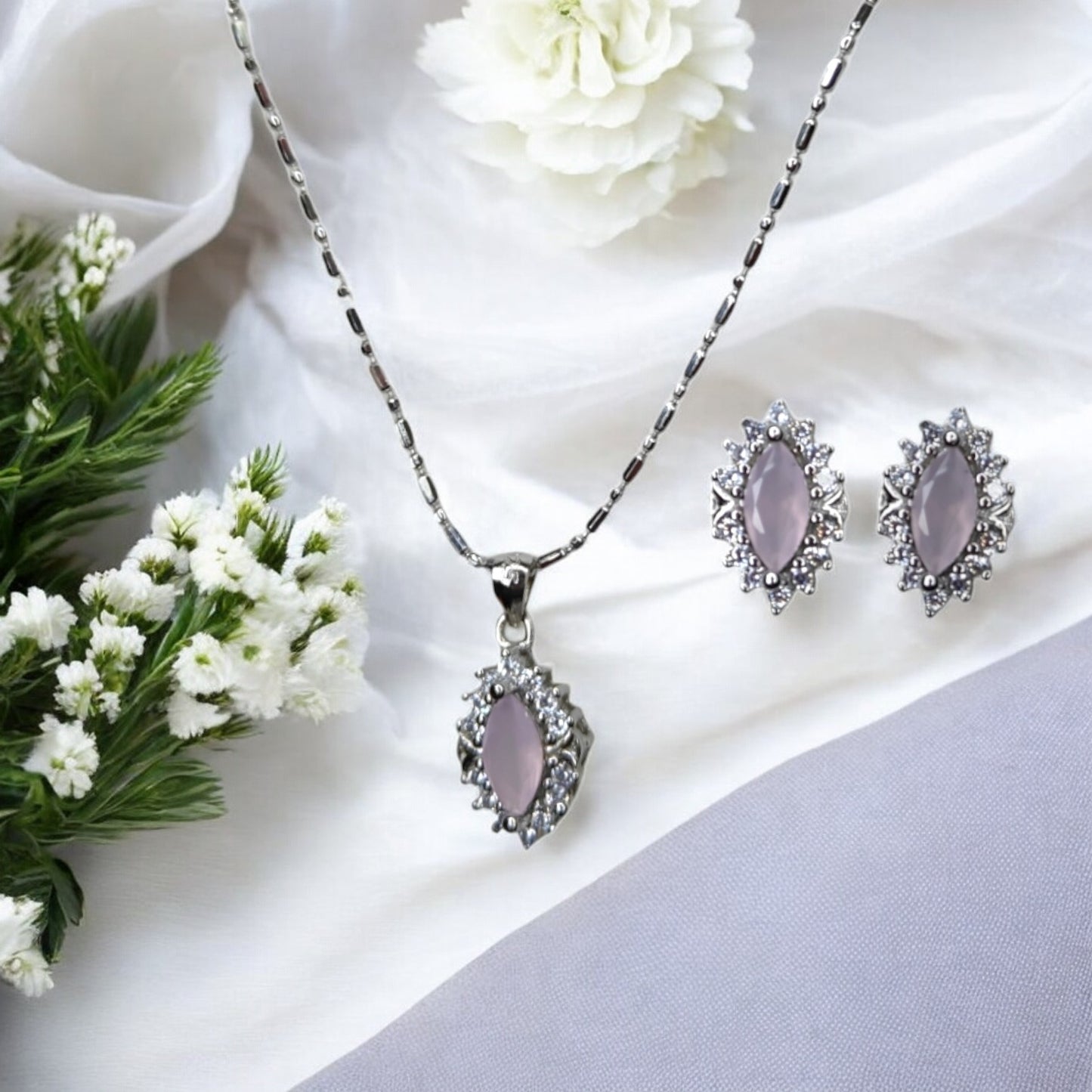 Rose Bloom Quartz Earring-Pendant Set